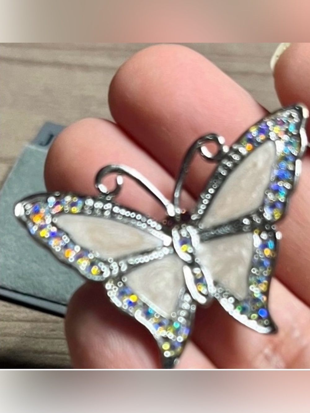 Butterfly Crystal Accent Pendant Necklace - White and Iridescent